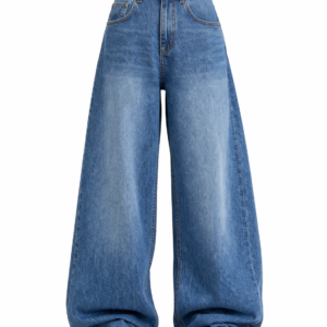 Auf dem Bild sieht man eine blaue Jeans von der Vorderansicht, die beine gehen unten weiter auseinander und sie fällt locker über den schuh