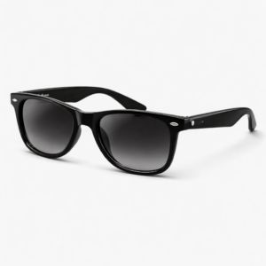 Auf dem Bild sieht man eine Schwarze Sonnenbrille mit kleinen Silbernen Details an der Seite.