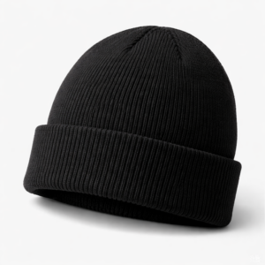 Auf dem Bild sieht man eine schwarze Wollmütze auf einem neutralem Hintergrund