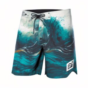 Vorderansicht einer kurzen Badehose die von weiß zu blau mit einem Wellenmuster über geht. Auf der rechten unteren Seite ist das Logo in weiß aufgedruckt