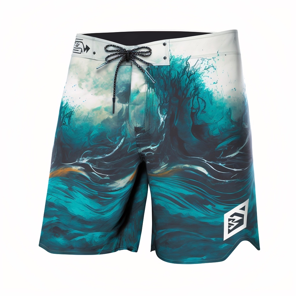 boardshorts 02 Vorderansicht einer kurzen Badehose die von weiß zu blau mit einem Wellenmuster über geht. Auf der rechten unteren Seite ist das Logo in weiß aufgedruckt