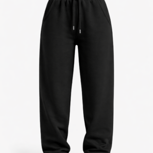 Auf dem Bild sieht man eine schwarze Jogginghose von der Vorderansicht die Hose wird unten Schmal und ist unten mit einem Bündchen