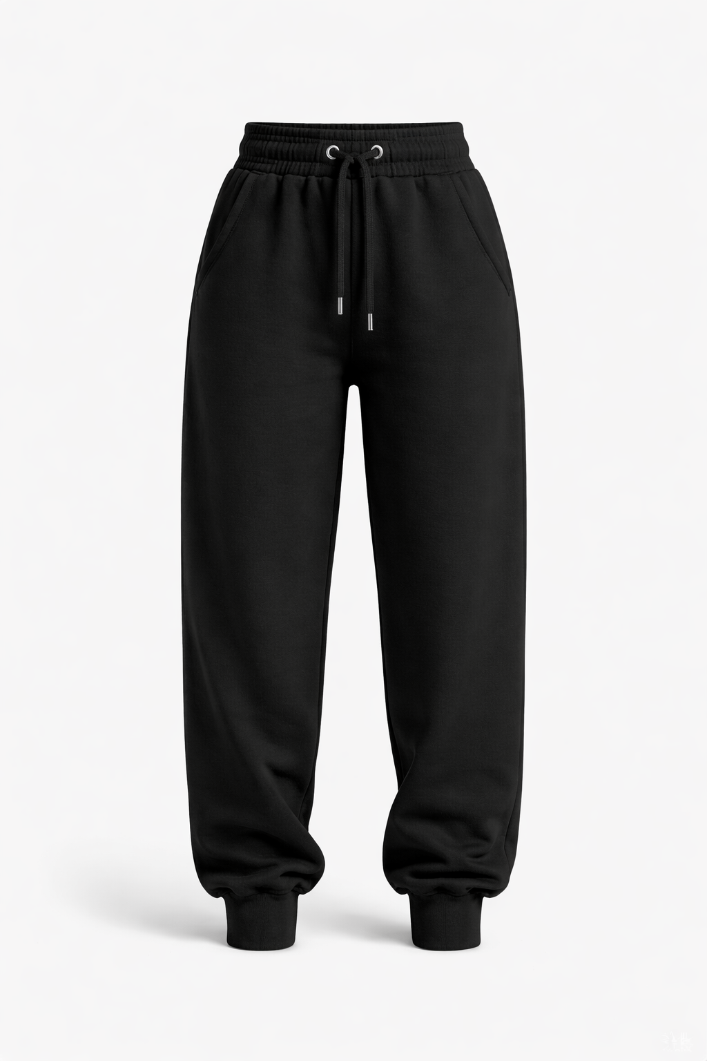 f5e03211 b0f6 4947 b566 de81572747ab Auf dem Bild sieht man eine schwarze Jogginghose von der Vorderansicht die Hose wird unten Schmal und ist unten mit einem Bündchen