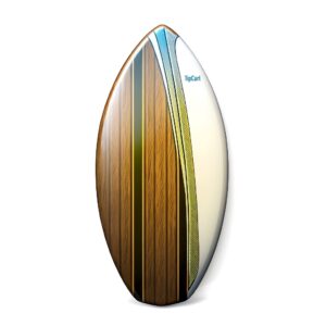 Ein ovales Surfboard mit mehrfarbigem Design: links Holzoptik in Brauntönen, in der Mitte schmale vertikale Streifen in verschiedenen Farben, rechts eine helle, cremefarbene Fläche mit der Aufschrift ‚Tipcurl‘, vor neutralem Hintergrund