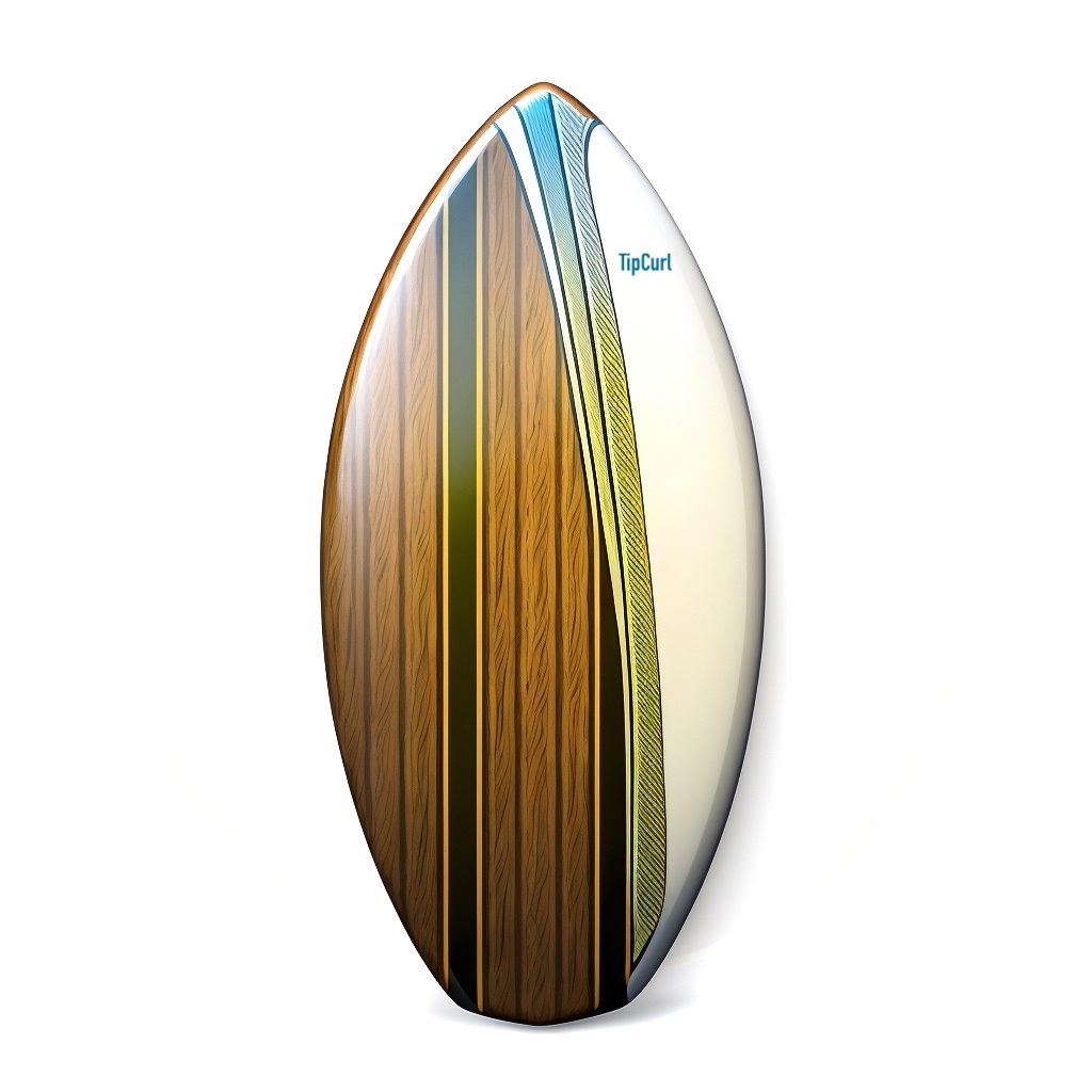 skimboard 02 Ein ovales Surfboard mit mehrfarbigem Design: links Holzoptik in Brauntönen, in der Mitte schmale vertikale Streifen in verschiedenen Farben, rechts eine helle, cremefarbene Fläche mit der Aufschrift ‚Tipcurl‘, vor neutralem Hintergrund