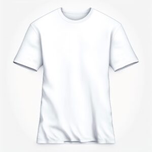 Vorderansicht eines weißen T-Shirts auf hellem Hintergrund. Der Stoff wirkt glatt und dezent gefaltet